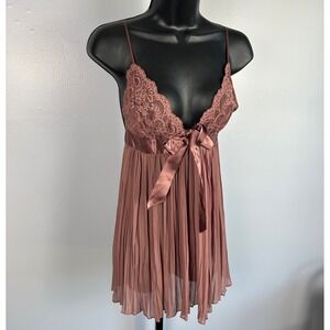 Victoria's Secret Lingerie Babydoll Chemise Pleated Lace Bow Mauve Large Y2K